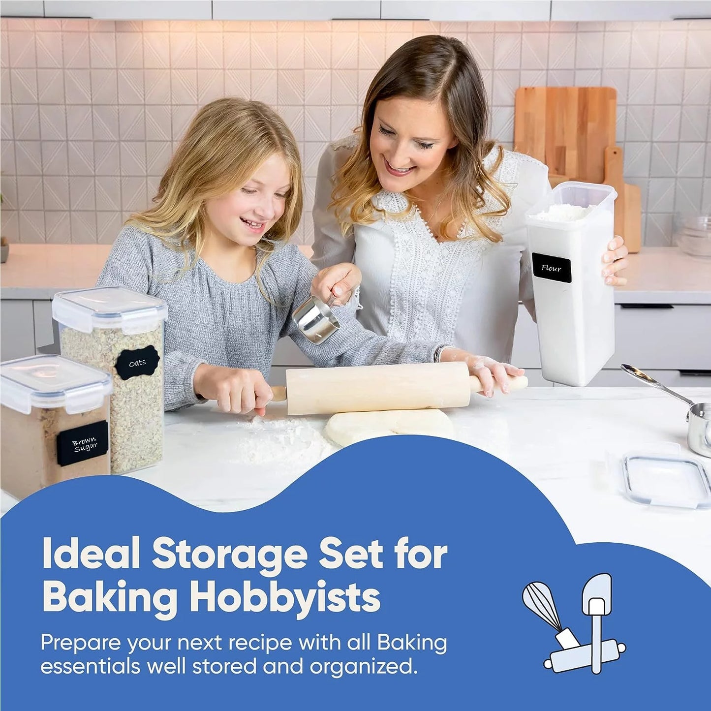 Airtight Food Storage Containers Set with Lids, 6 Pcs BPA Free Plastic Dry Food Canisters for Kitchen Pantry Organization and Storage, Dishwasher Safe,Include 24 Labels, Spoon Set & Marker