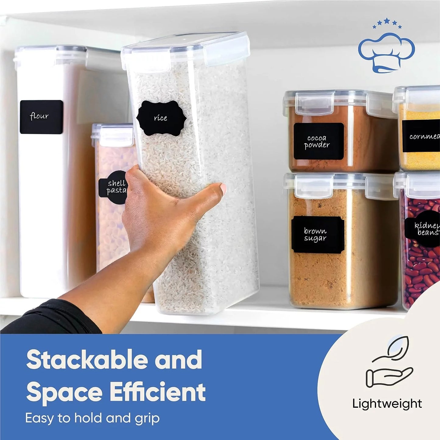Airtight Food Storage Containers Set with Lids, 6 Pcs BPA Free Plastic Dry Food Canisters for Kitchen Pantry Organization and Storage, Dishwasher Safe,Include 24 Labels, Spoon Set & Marker