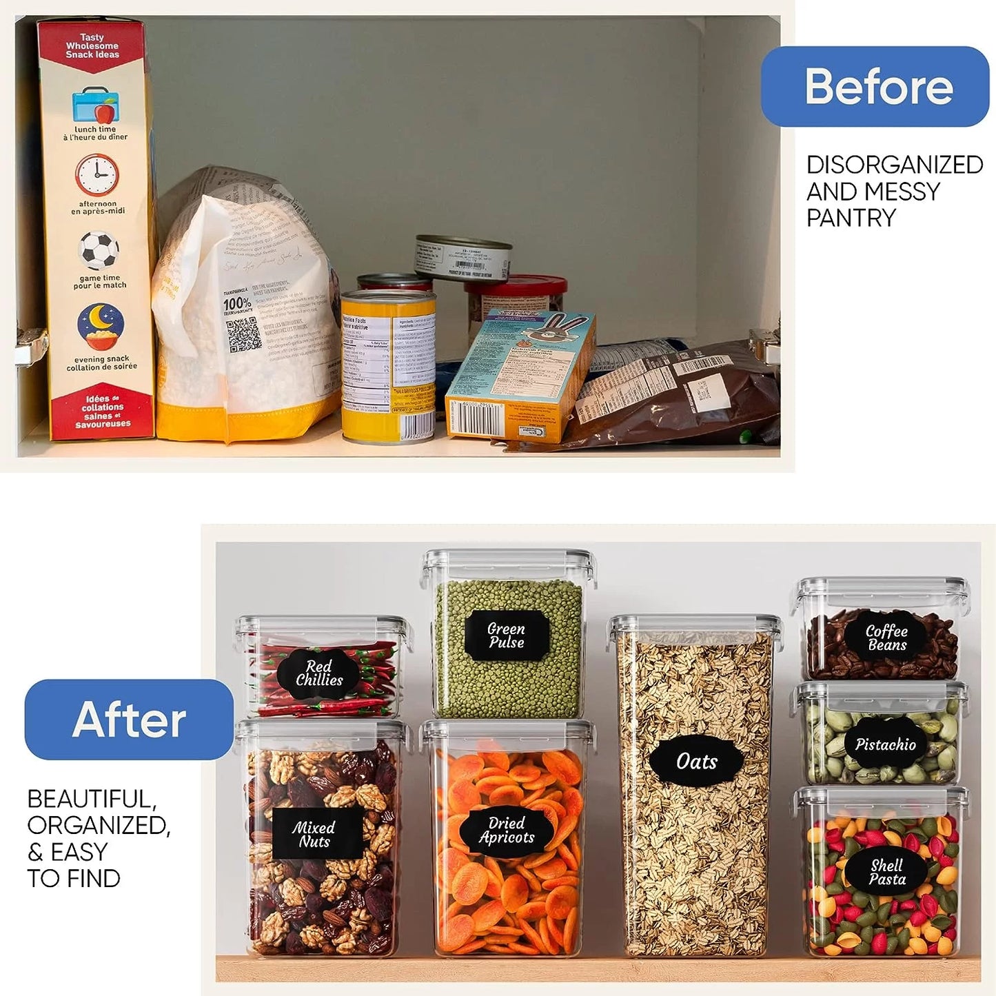 Airtight Food Storage Containers Set with Lids, 6 Pcs BPA Free Plastic Dry Food Canisters for Kitchen Pantry Organization and Storage, Dishwasher Safe,Include 24 Labels, Spoon Set & Marker
