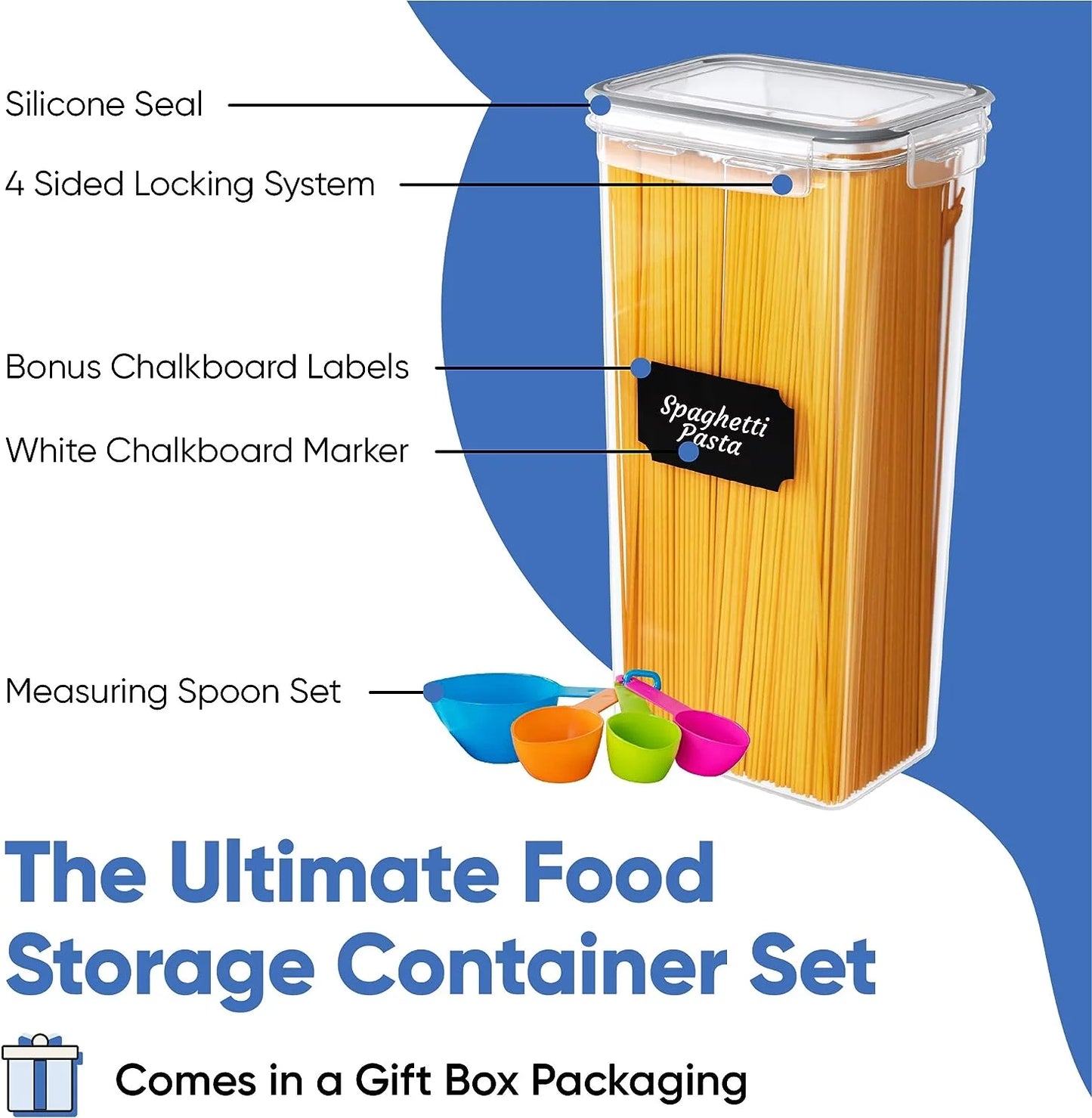 Airtight Food Storage Containers Set with Lids, 6 Pcs BPA Free Plastic Dry Food Canisters for Kitchen Pantry Organization and Storage, Dishwasher Safe,Include 24 Labels, Spoon Set & Marker