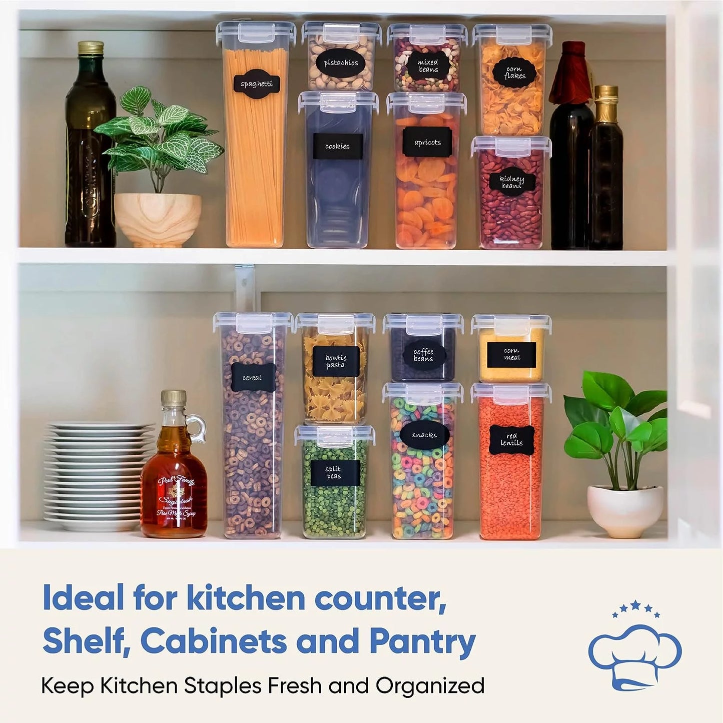 Airtight Food Storage Containers Set with Lids, 6 Pcs BPA Free Plastic Dry Food Canisters for Kitchen Pantry Organization and Storage, Dishwasher Safe,Include 24 Labels, Spoon Set & Marker